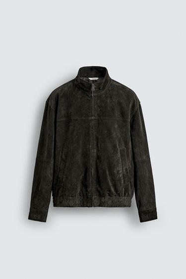 Zara SUEDE LEATHER JACKET - Dark bottle green
