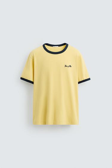 Zara WASHED RIB EMBROIDERED T-SHIRT - Yellow - Image 0