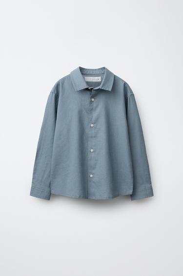 CAMISA LISA CON LINO - Azul de Zara