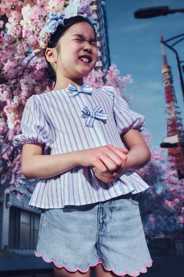 STRIPED BLOUSE WITH BOWS - Oyster-white by Zara