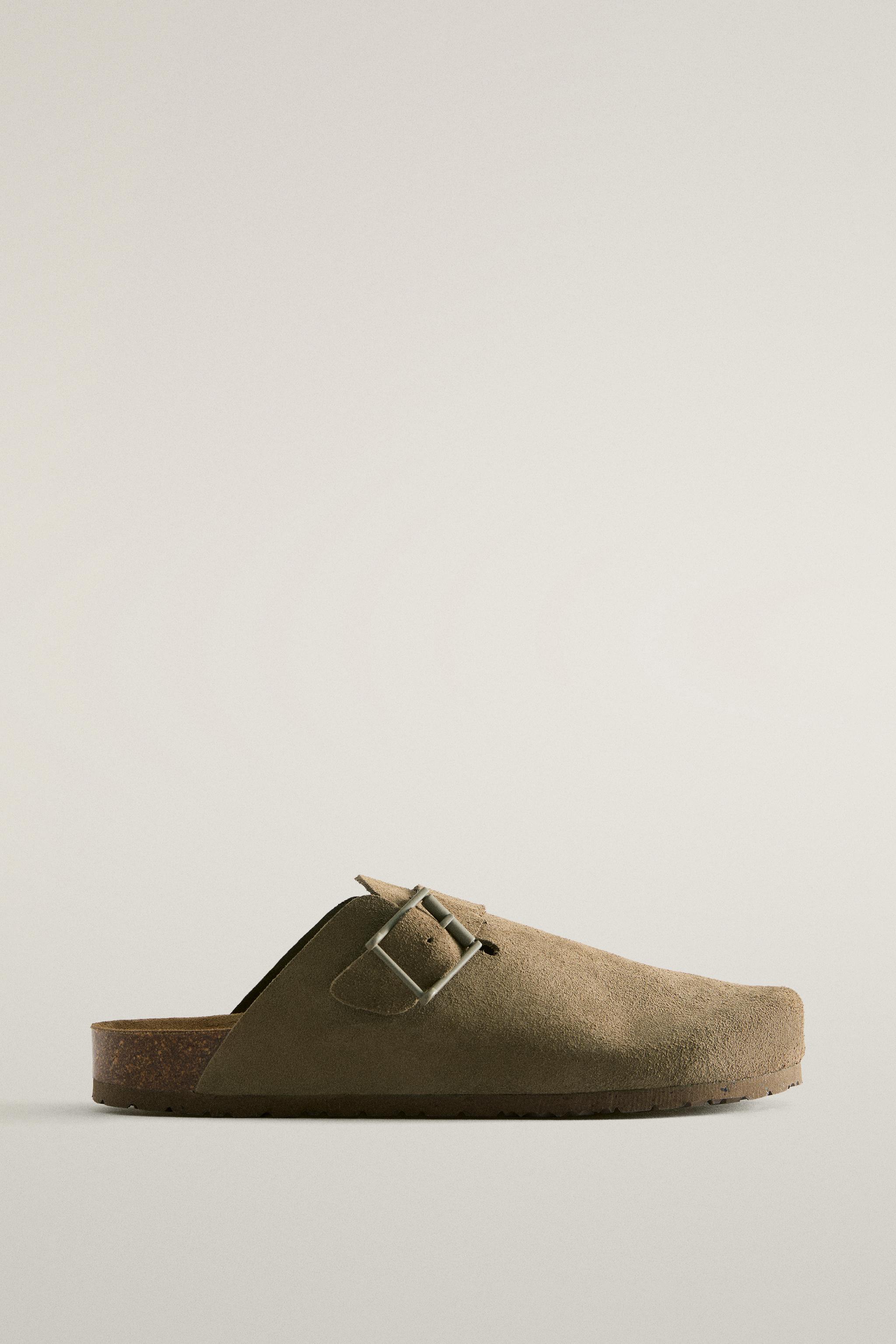 LEATHER MULE CLOG SLIPPERS WITH BUCKLE AND TOPSTITCHING DETAIL