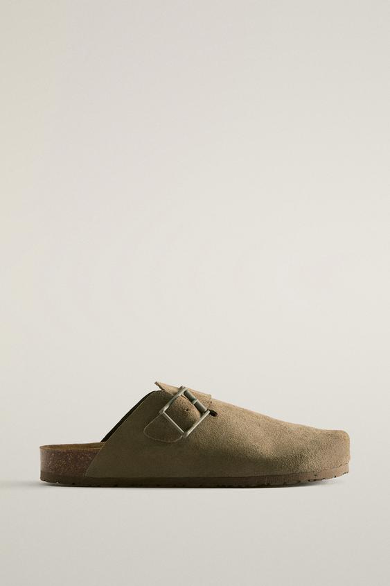 LEATHER CLOGS WITH BUCKLE AND TOPSTITCHING DETAIL - Brown by Zara - Image 0