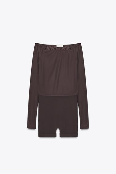 COMBINED TULLE SHORT PLAYSUIT - Chocolate by Zara - Image 0