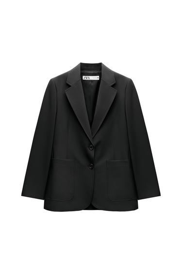 Front view of a black blazer with lapels and front pockets.
