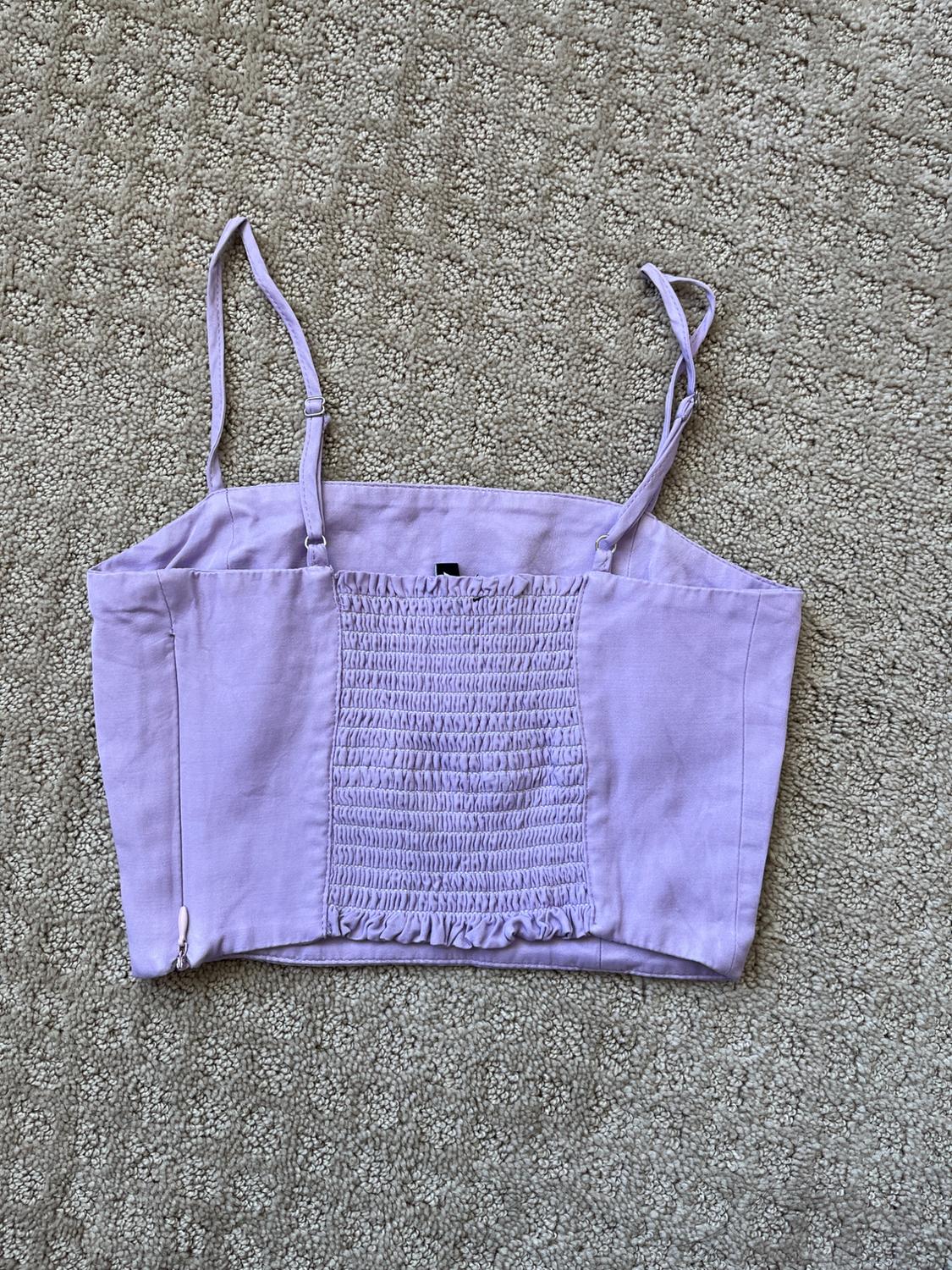 TRF SATIN CROP TOP PURPLE SMOCKED BACK ZIP SIDE ADJUSTABLE STRAPS SIZE XS - Image 2