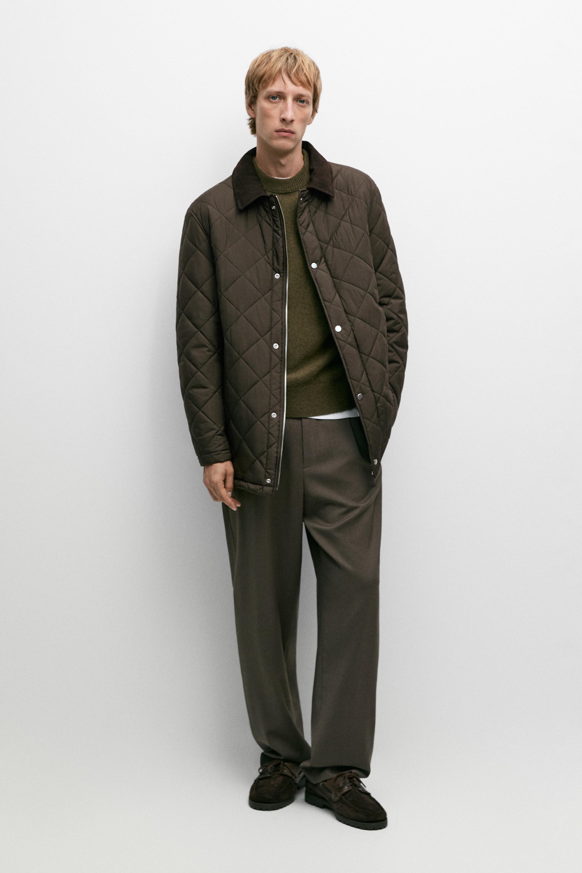 Longline quilted jacket with corduroy collar - Brown marl | ZARA