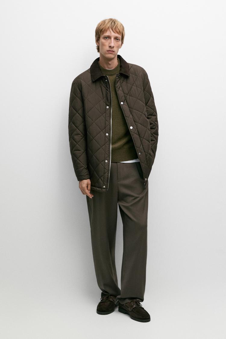 Long quilted jacket with corduroy collar — Brown marl