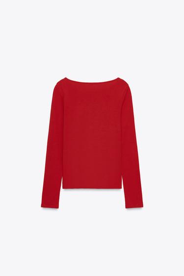T-SHIRT COL BATEAU EN COTON - Rouge de Zara - Image 6