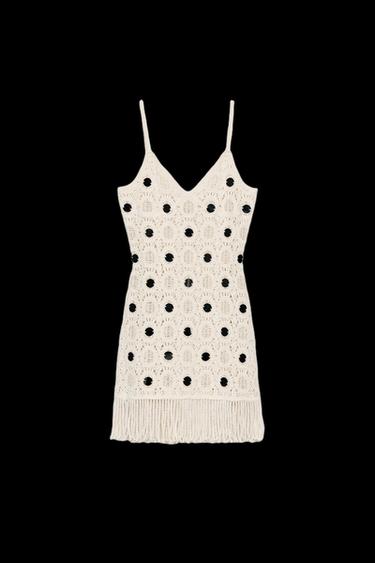 Zara FRINGED MIRROR KNIT DRESS - Ecru - Image 0
