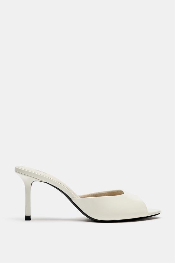 LEATHER MULE HEELED SANDALS - Ecru White by Zara - Image 0