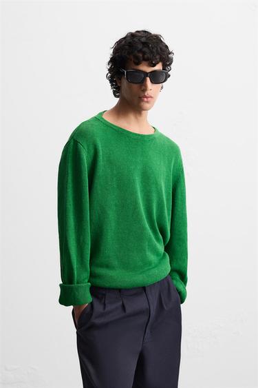 Zara 100% LINEN SWEATER - Emerald