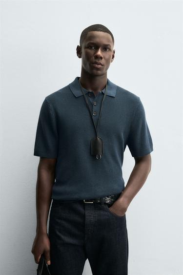 Zara PEARL KNIT POLO SHIRT - Ink blue