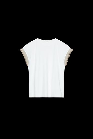 METALLIC THREAD RUFFLE T-SHIRT - White by Zara - Image 0