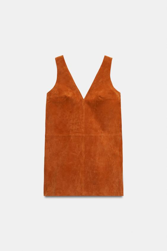 LEATHER V-NECK MINI DRESS - Orange by Zara - Image 0