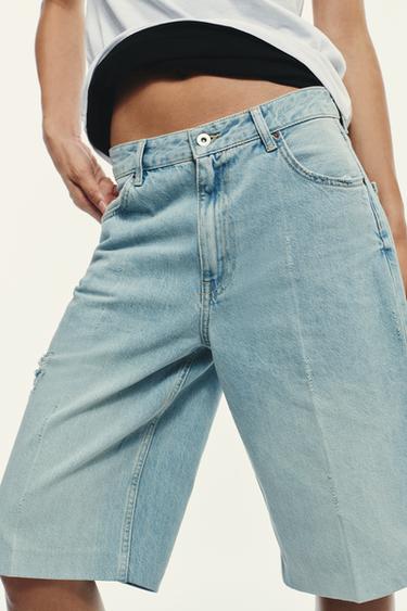Zara RIPPED MID-RISE TRF DENIM JORTS - Blue