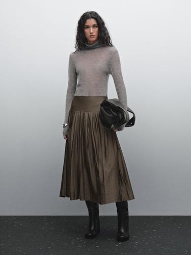 Zara Flowing box pleat midi skirt - Khaki