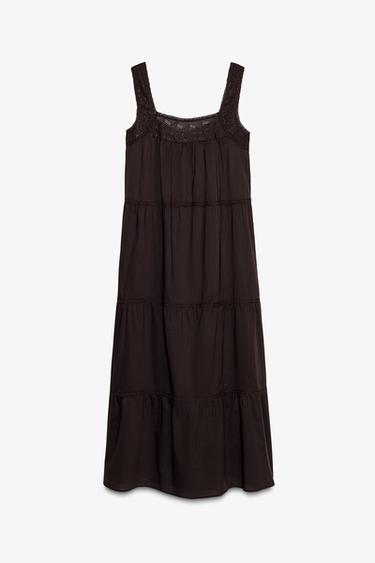 EMBROIDERED DRESS WITH LACE TRIM - Brown by Zara - Image 5