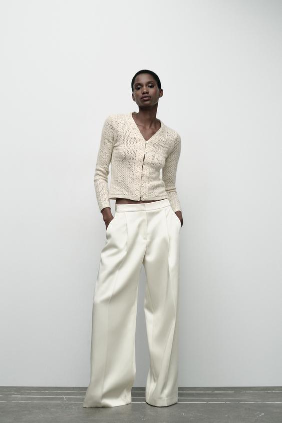 ROMANTIC POINTELLE KNIT CARDIGAN Ecru ZARA Ireland