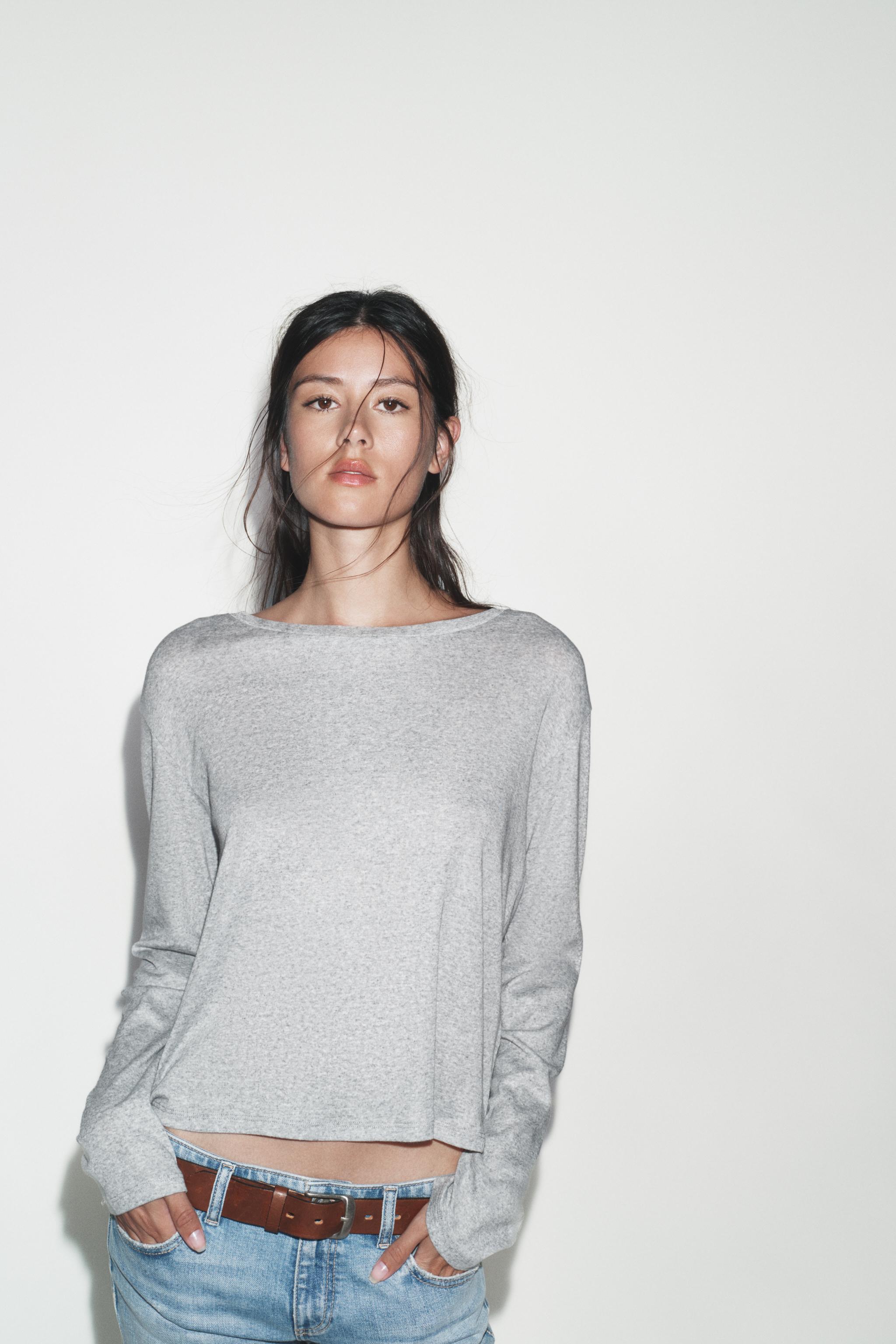 LONG SLEEVE BOAT NECK T-SHIRT - Tan marl | ZARA Singapore