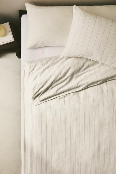 Zara STRIPED COTTON LINEN DUVET COVER - Oyster-white