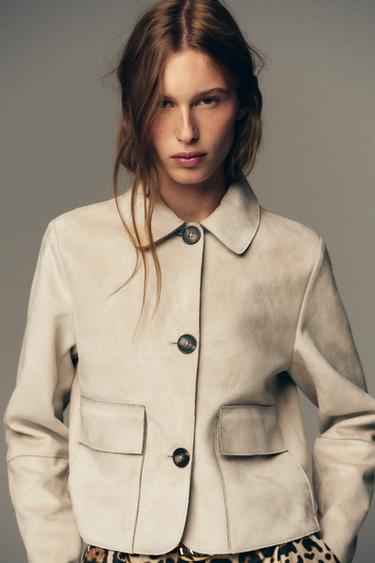 Zara FAUX SUEDE CROPPED JACKET - Ecru