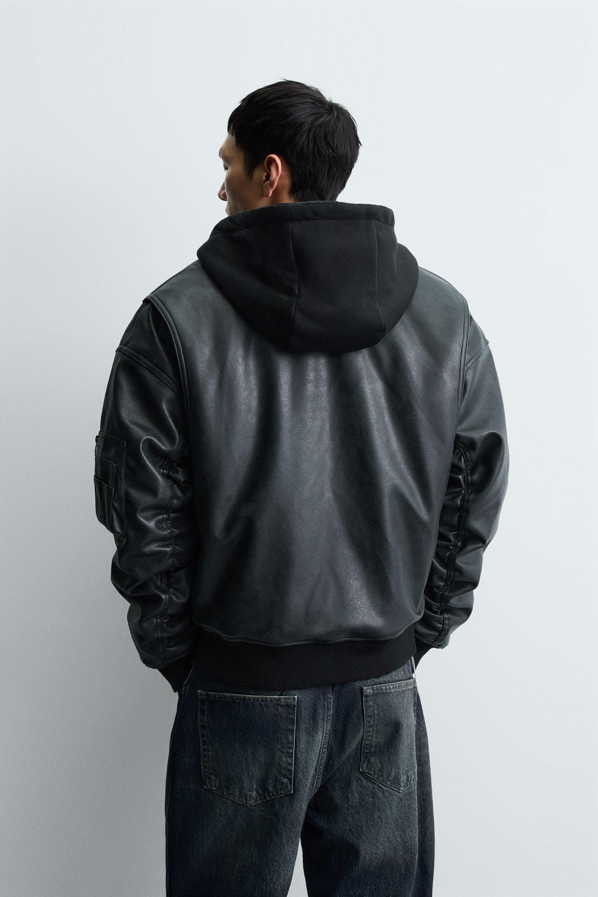 COMBINATION HOODIE FAUX LEATHER JACKET - Black | ZARA United States
