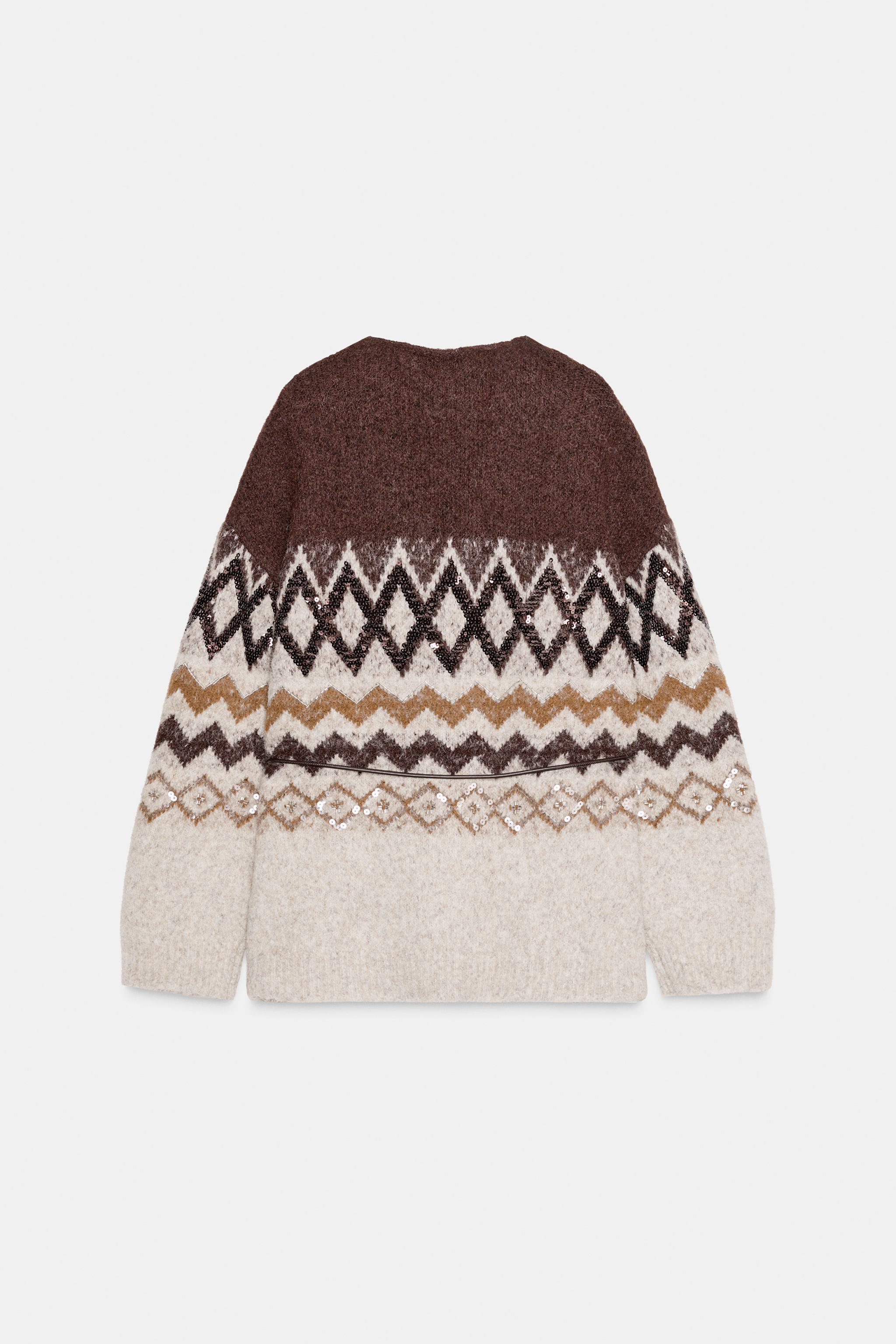 SEQUINED JACQUARD KNIT CARDIGAN WITH BELT