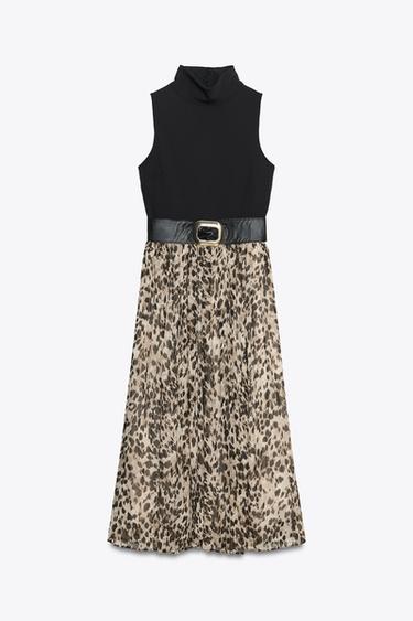 ANIMAL PRINT COMBINATION MIDI DRESS WITH BELT - Leopard by Zara