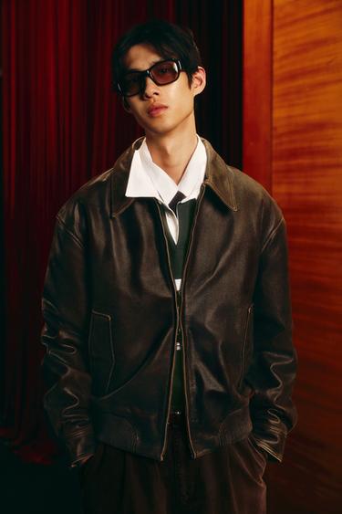 WASHED LEATHER BOMBER JACKET - Brown by Zara