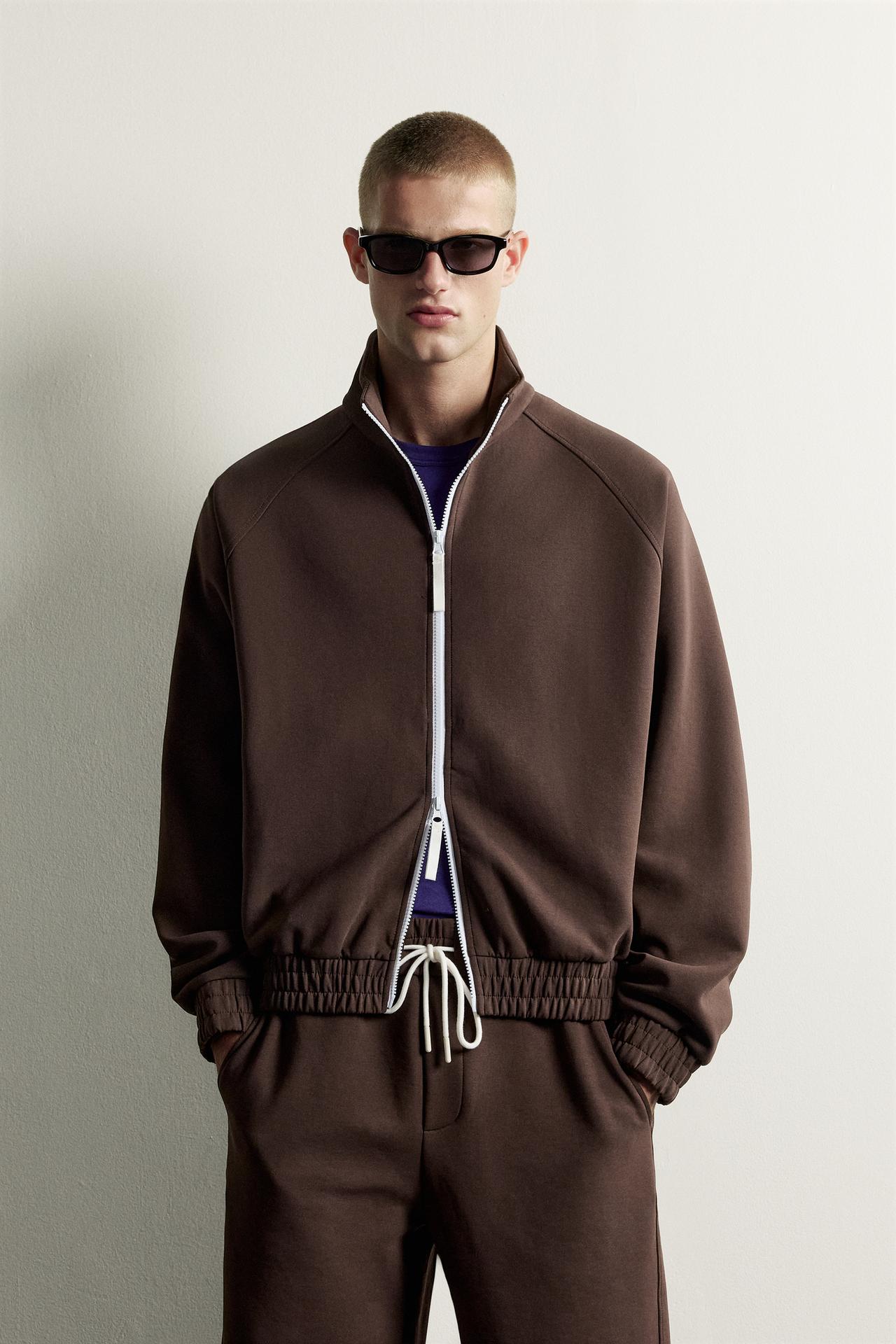 CONTRAST ZIP TRACK JACKET — Brown