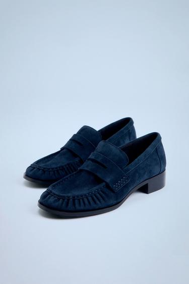 Zara SUEDE RUCHED LOAFERS - Blue