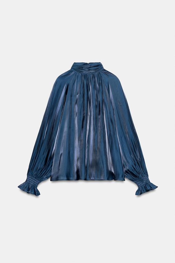SATIN SHIRT WITH BOW - Navy blue by Zara - Image 0