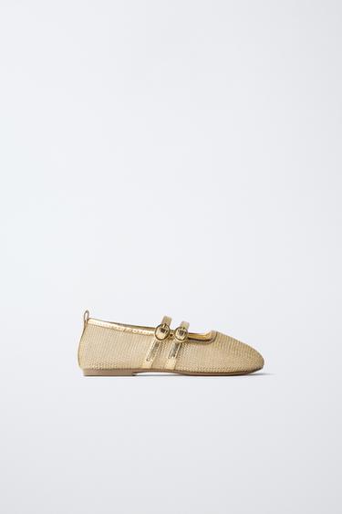 METALLIC DOUBLE STRAP BALLERINAS - Gold by Zara