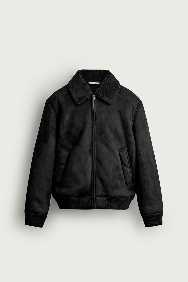 FAUX LEATHER AND FAUX SHEARLING JACKET — Black