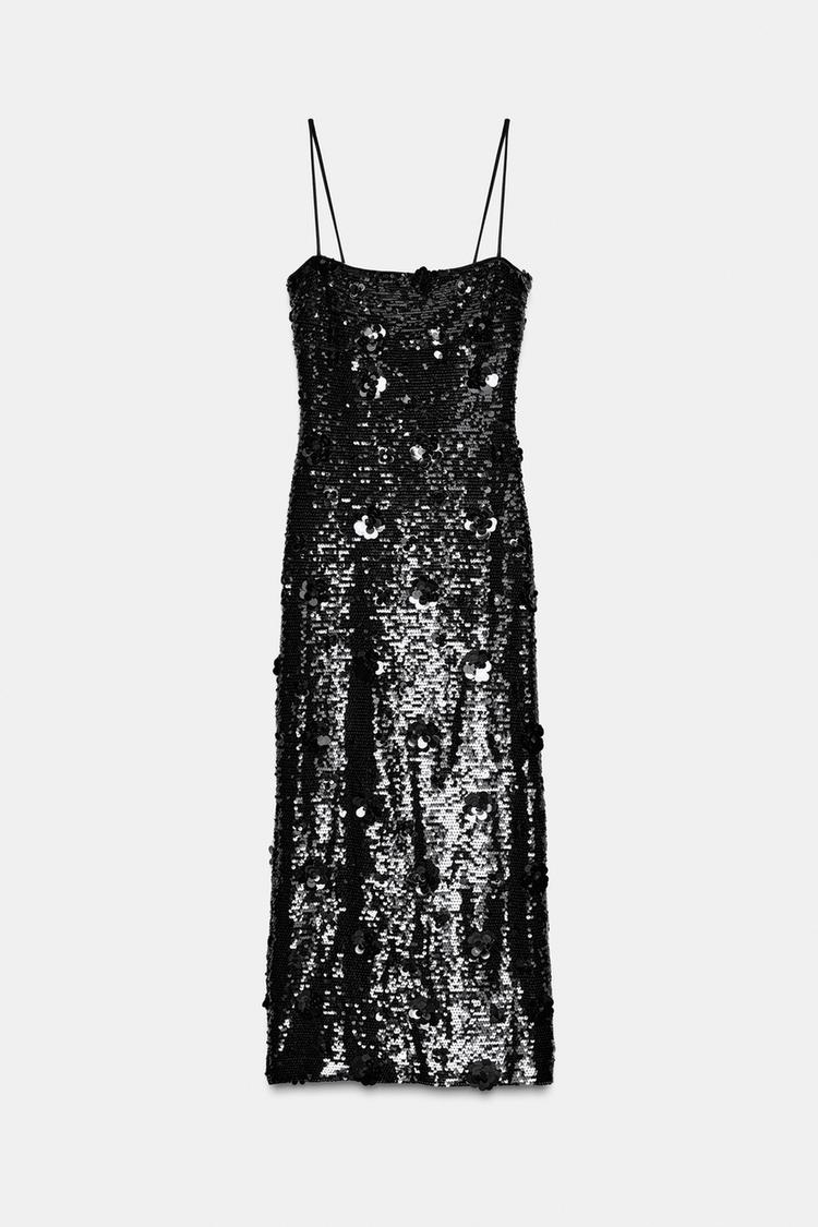 Front view of a black midi dress with embossed sequins, thin straps, and a straight neckline. Concealed zip fastening at the back.