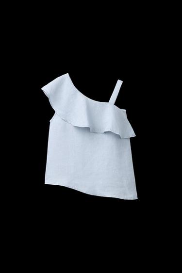 ASYMMETRIC RUFFLE 100% LINEN TOP - Light blue by Zara - Image 0