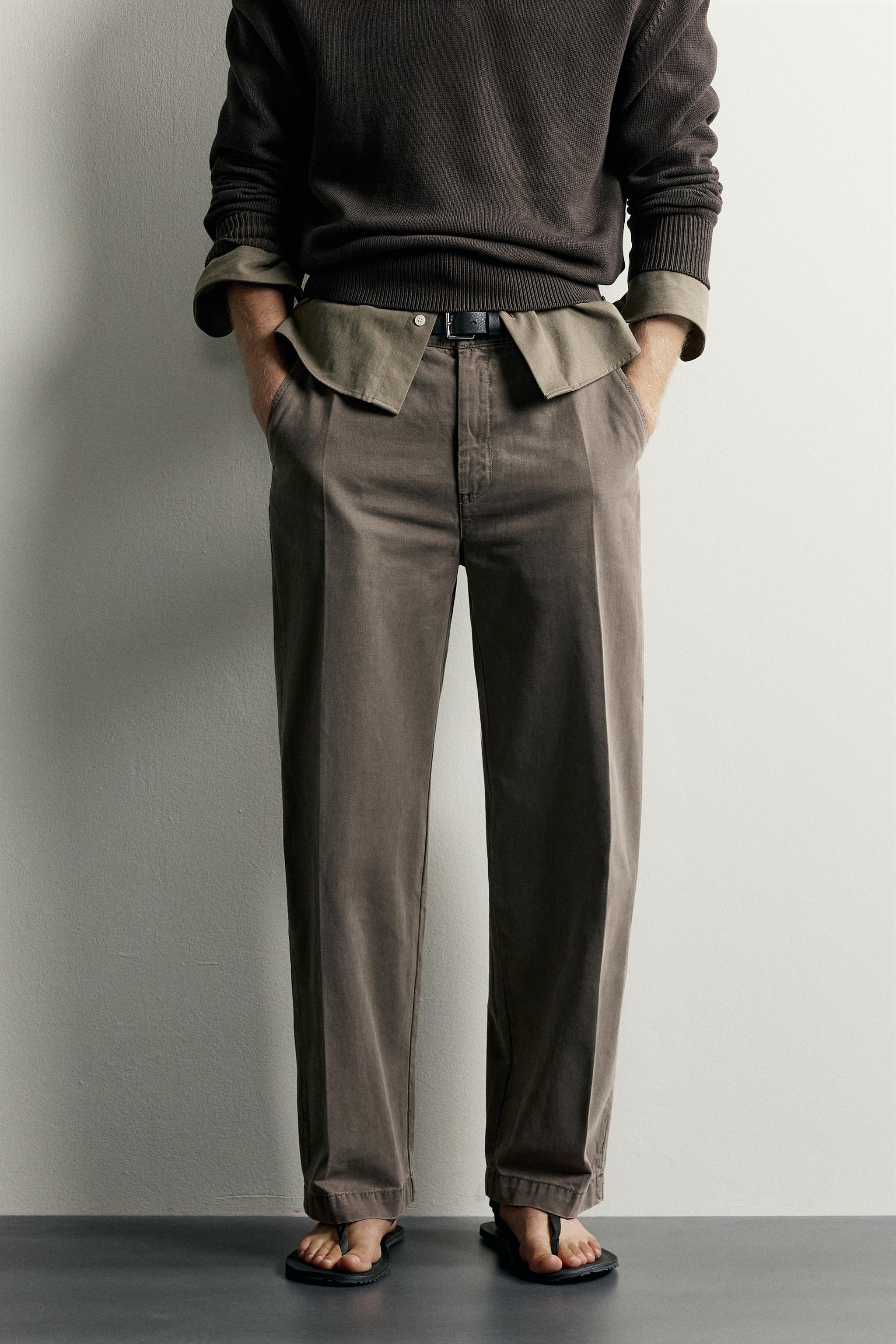 RELAXED-FIT WASHED CHINO PANTS — Brown