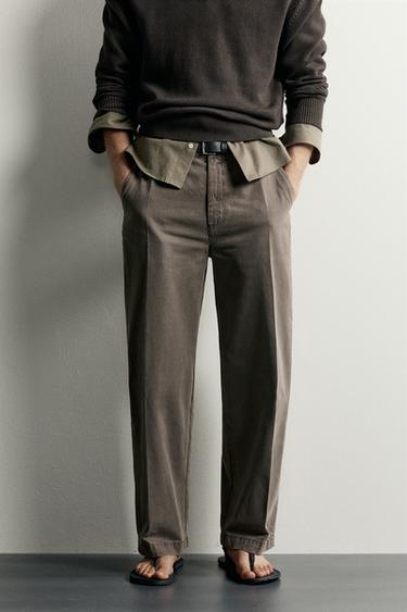 Zara RELAXED-FIT WASHED CHINO PANTS - Brown