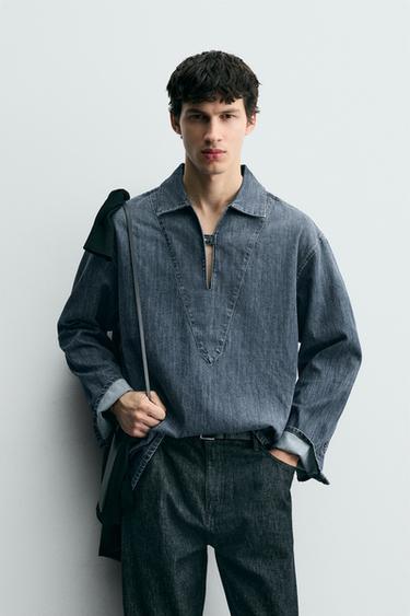 Zara WASHED DENIM OVERSHIRT - Blue
