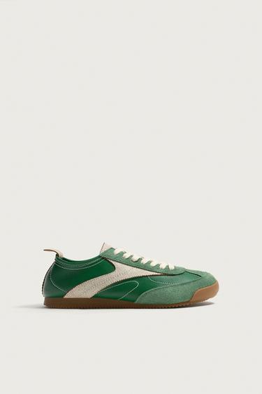 Zara RETRO-STYLE LEATHER DETAIL SNEAKERS - Green