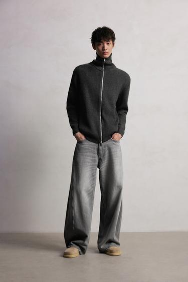 Zara 珍珠針織拉鍊開襟衫 - 斑紋灰色