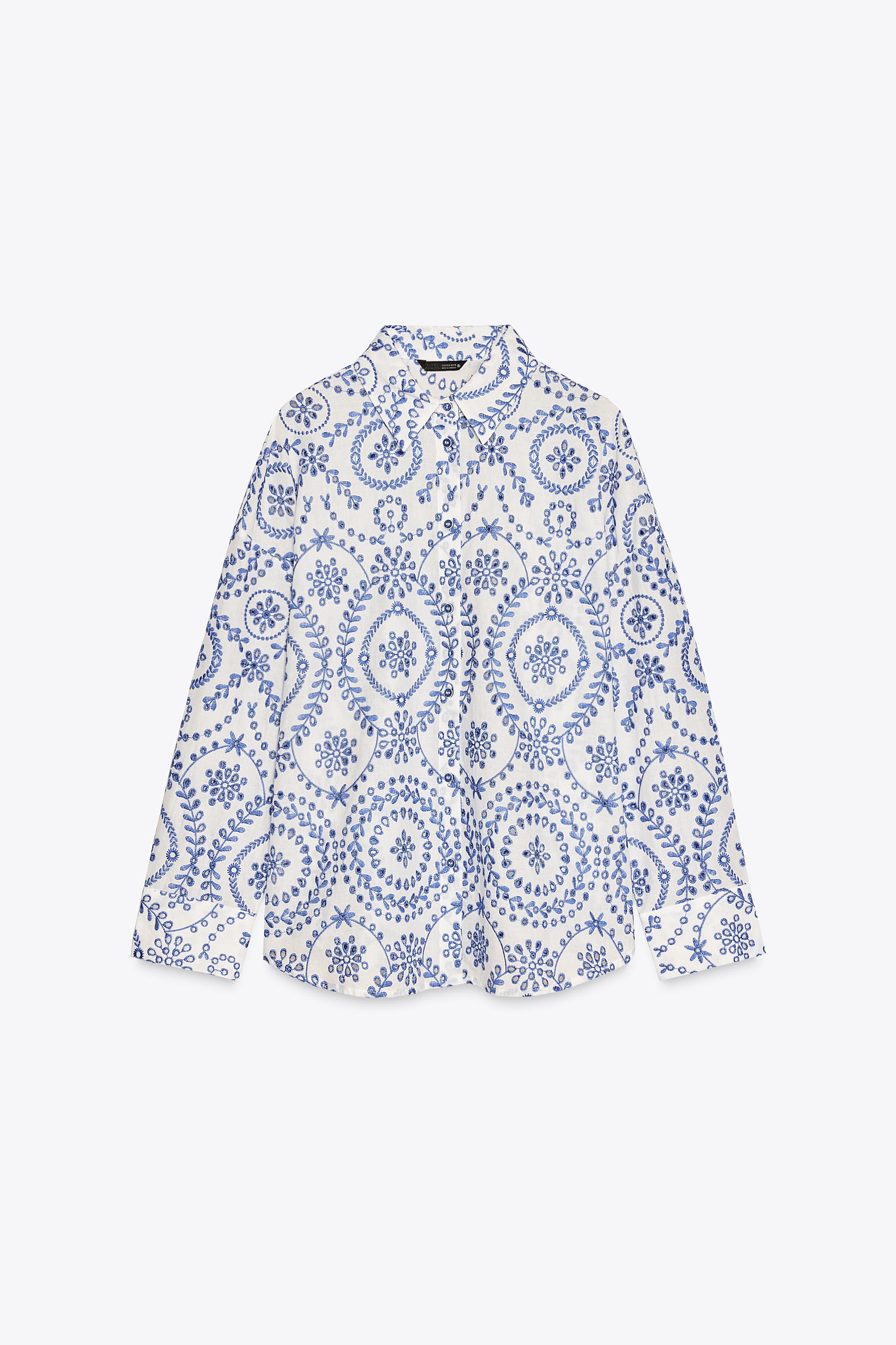 カットワーク刺繍入りシャツ - 青色/白色 | ZARA Japan / 日本