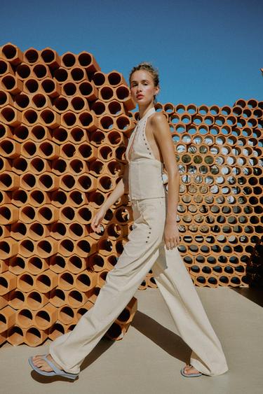 PANTALÓN STRAIGHT TIRO BAJO OJALES - Blanco roto de Zara