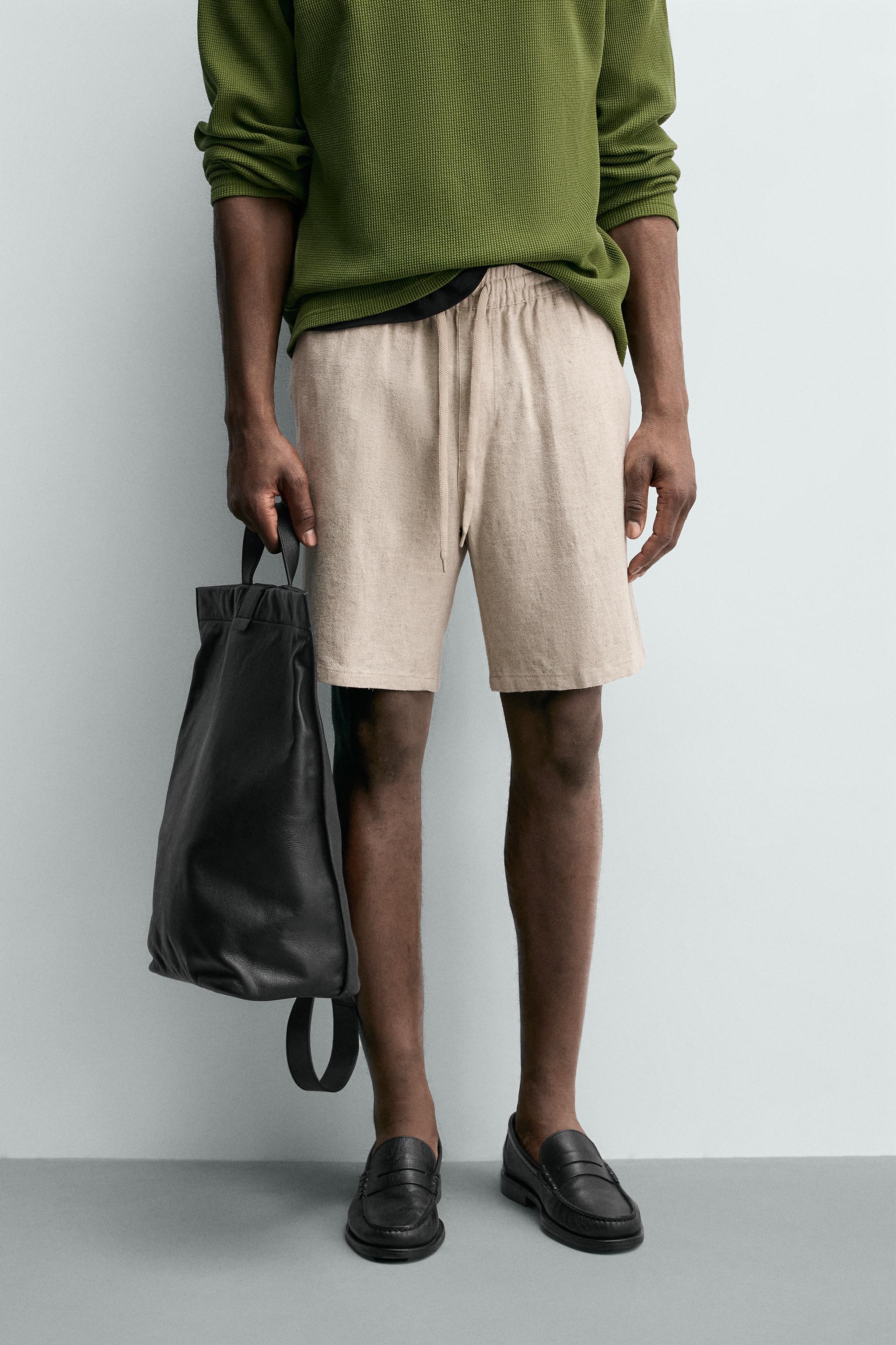 VISCOSE LINEN BLEND RELAXED FIT SHORTS — Light beige