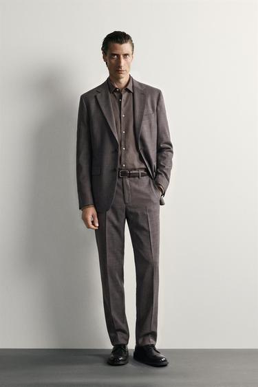 سروال بدلة كاروهات بالصوف - بني الخاص بـ Zara