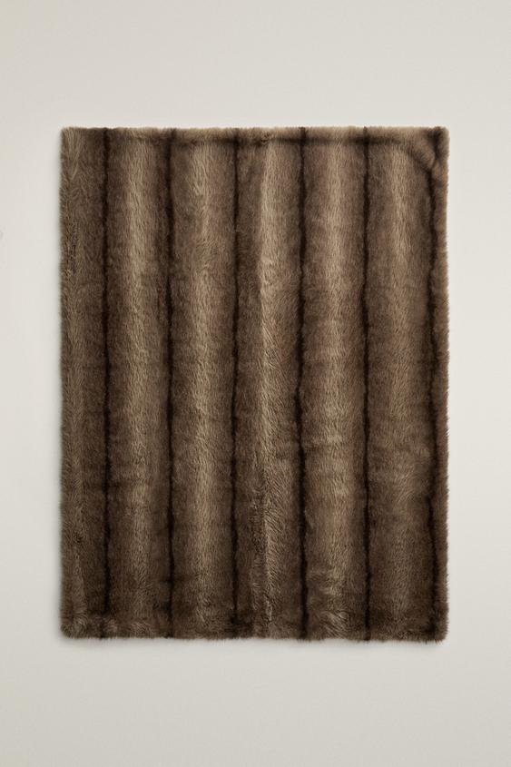 STRIPED FUR BLANKET - Taupe grey by Zara - Image 0