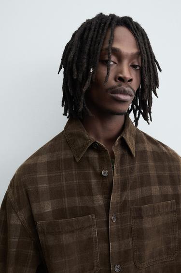 CHEMISE EN VELOURS CÔTELÉ À CARREAUX - Marron de Zara - Image 4