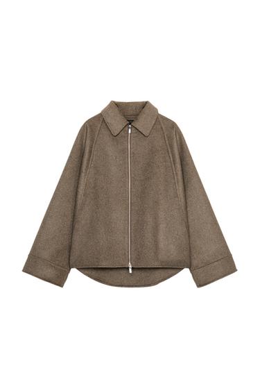 WOOL BLEND JACKET WITH ZIP ZW COLLECTION - Brown / Taupe by Zara