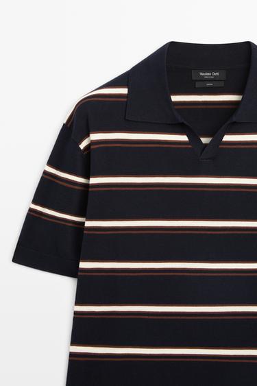 Striped V-neck knit polo shirt — Navy blue 2