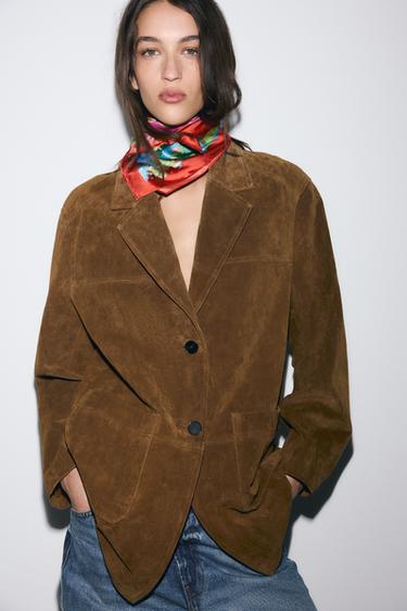 Zara 100% LEATHER LONG JACKET - whiskey